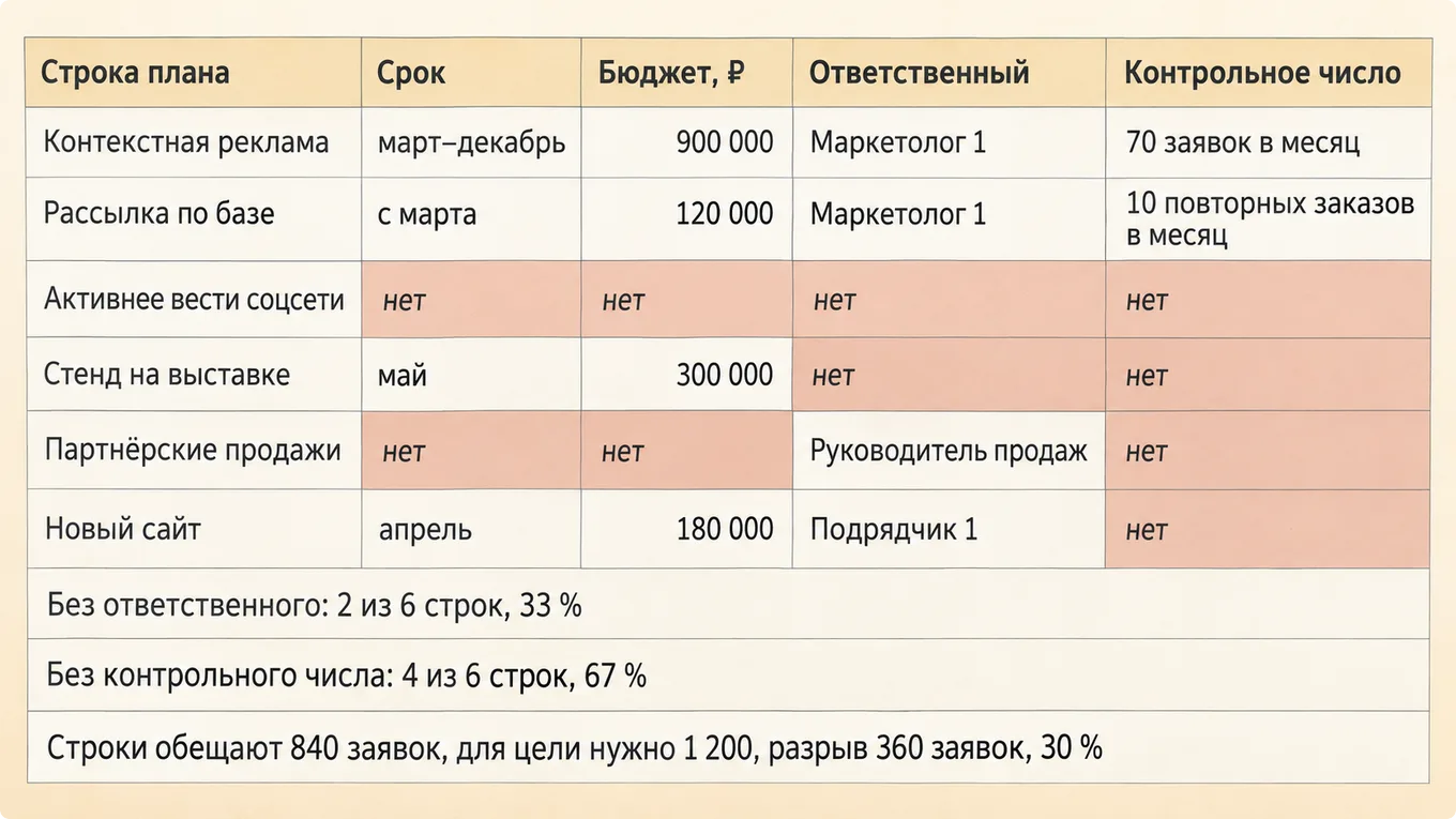 Таблица проверки строк маркетингового плана с отметками недостающих признаков