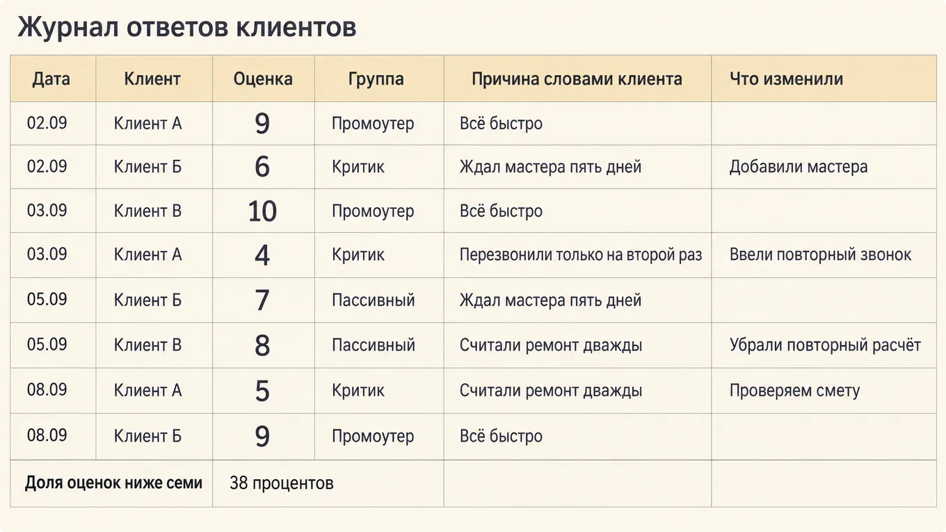 Журнал ответов клиентов с оценками, причинами и решениями