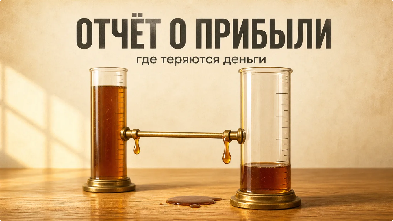 Два стеклянных мерных цилиндра, соединённые латунной трубкой, из которой капает: левый полон, правый почти пуст
