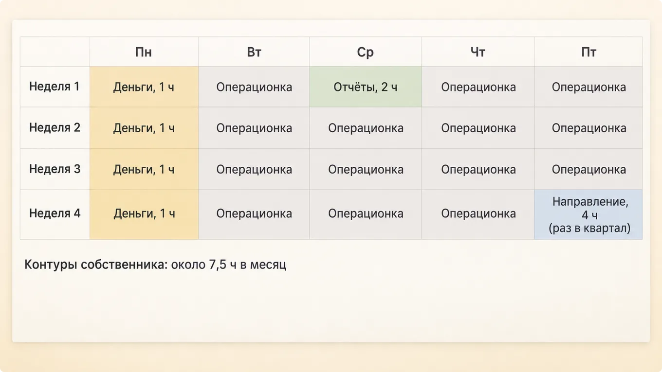 Схема месяца собственника со слотами под деньги, отчёты и направление