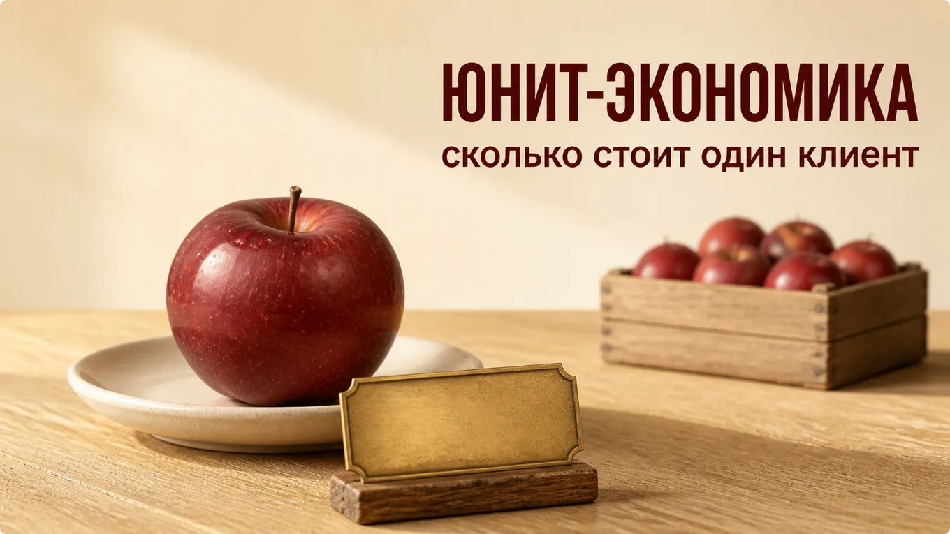 Одно яблоко на фарфоровом блюдце с пустым латунным ценником перед ним, в глубине полный ящик таких же яблок