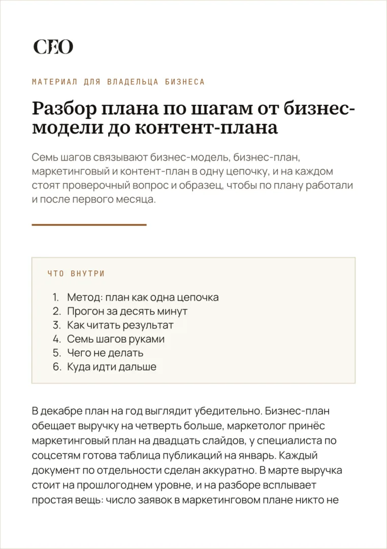 Первая страница материала «Разбор плана по шагам от бизнес-модели до контент-плана»